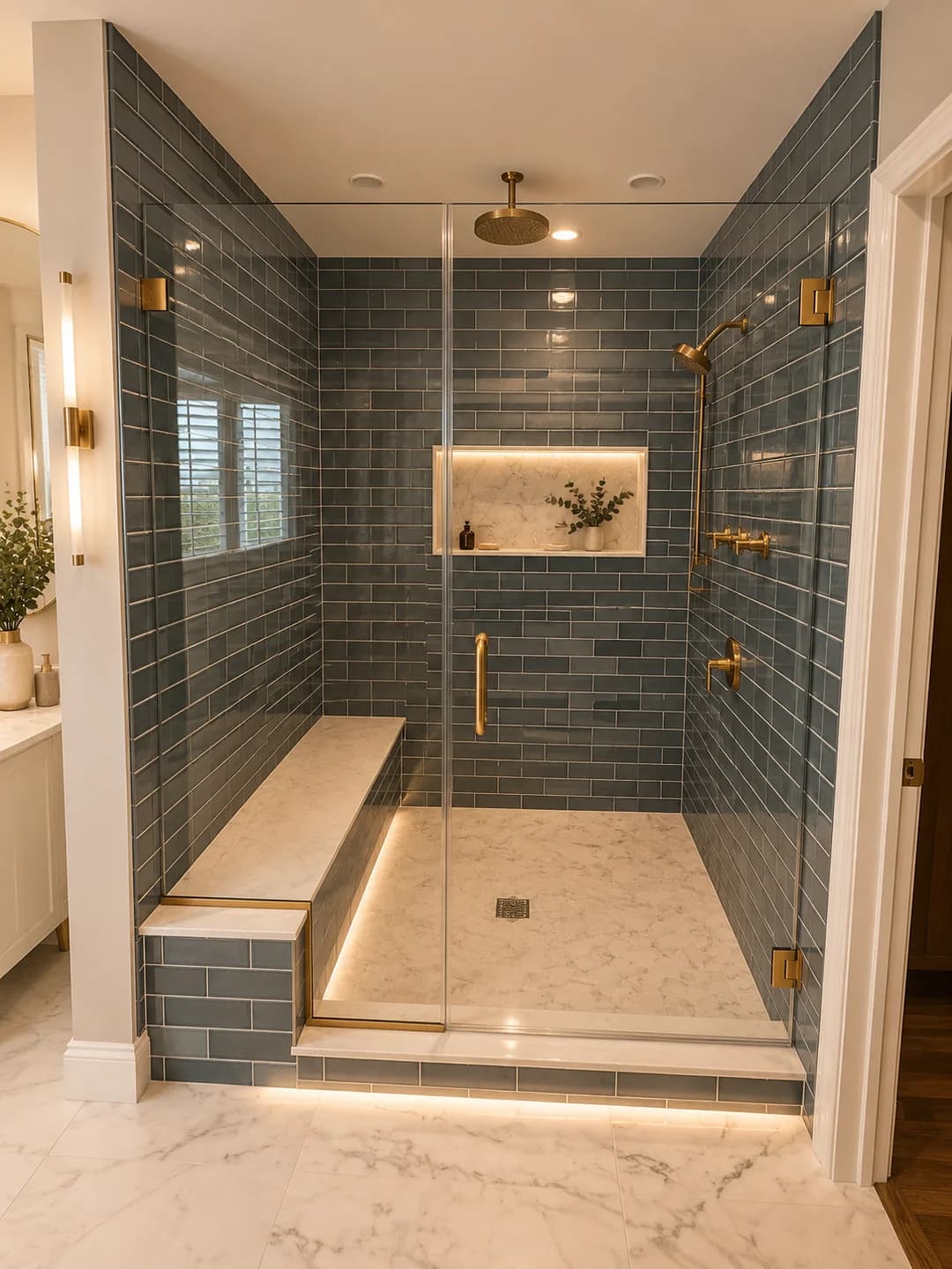 Walk-In Frameless Shower With Brass Hardware