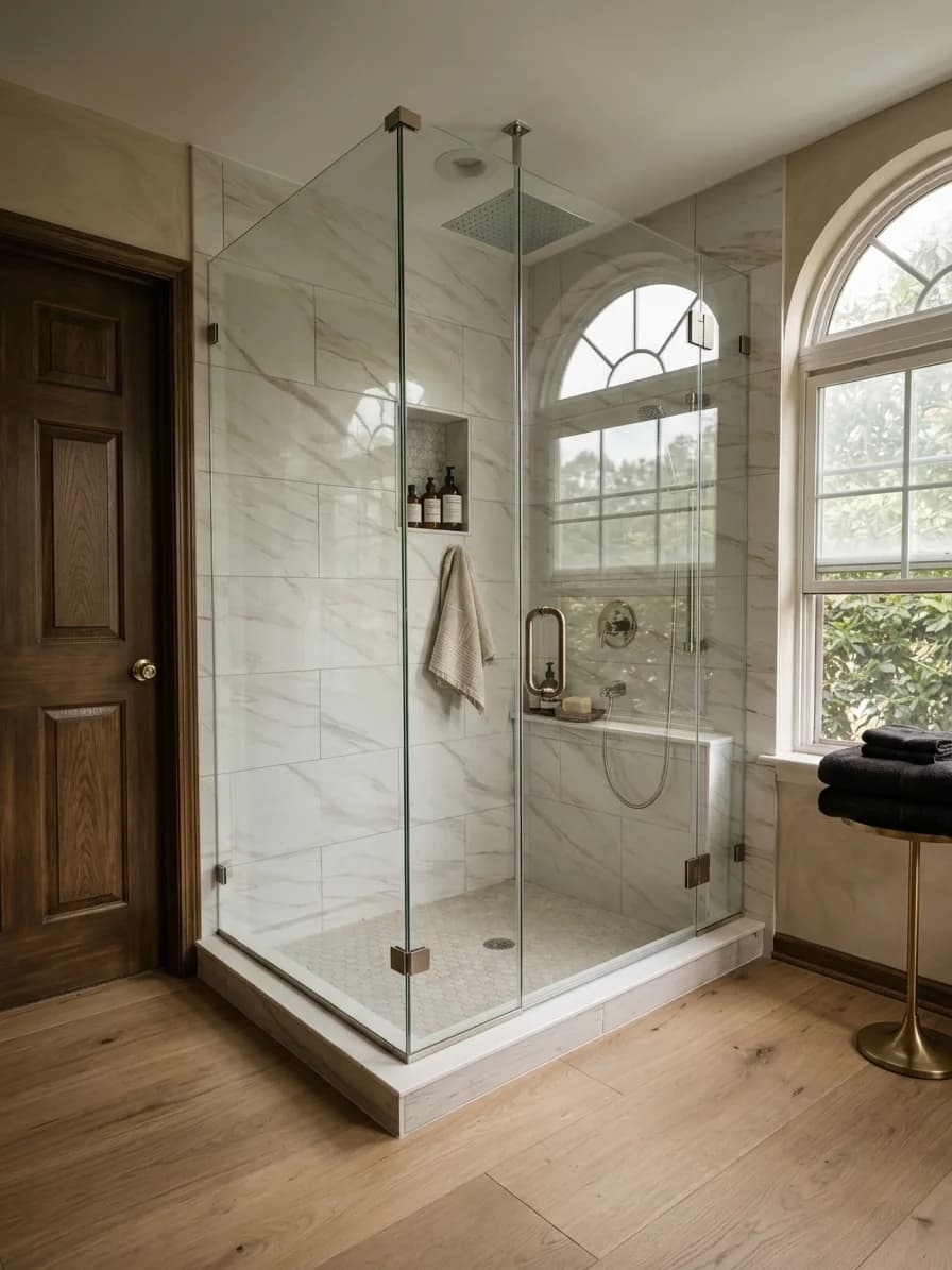 Corner Frameless Shower Around Arched Window