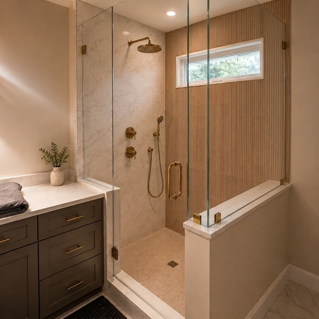 Compact Frameless Shower With Fluted Stone Wall