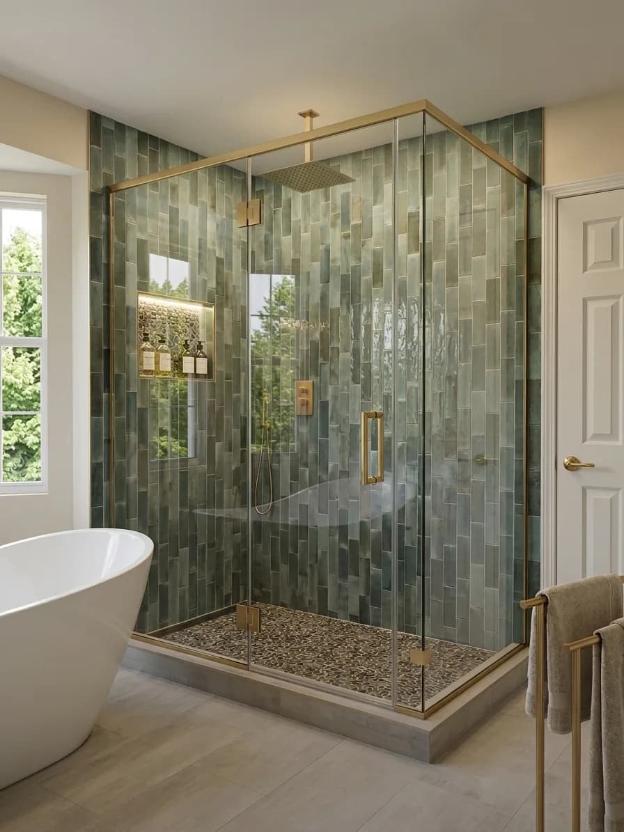 Neo-Angle Shower Enclosure With Gold Hardware