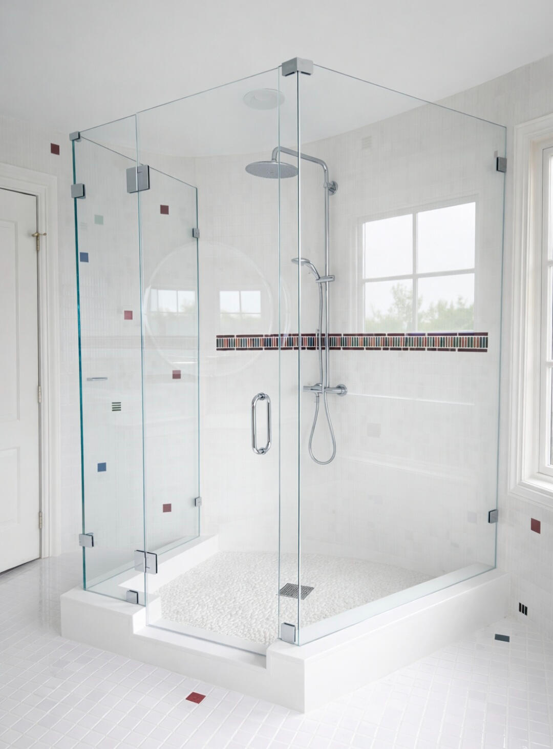 Luxury frameless corner glass shower enclosure installation New Jersey custom shower glass Crystal Vision Glass