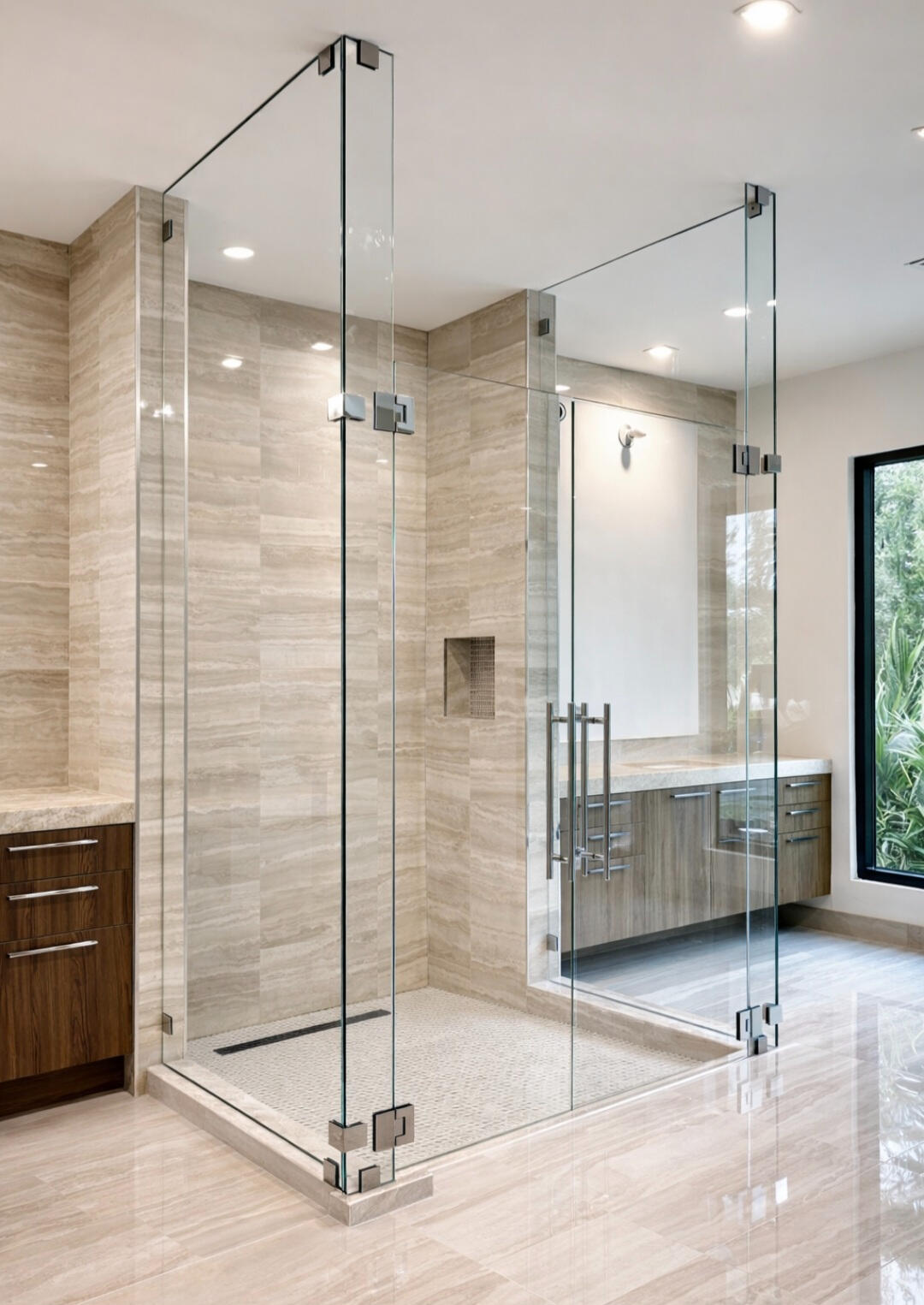 Custom frameless glass shower enclosure installation New Jersey modern luxury shower glass Crystal Vision Glass