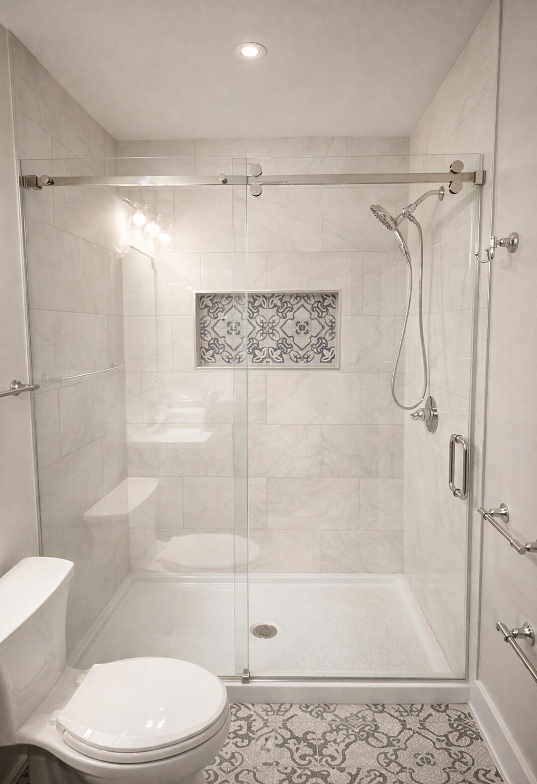 Modern frameless sliding shower door installation New Jersey custom glass shower enclosure Crystal Vision Glass