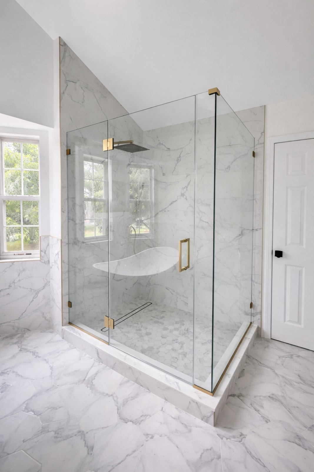 Floor to ceiling glass steam shower